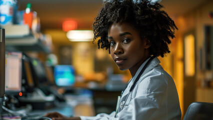 Young African American female doctor using computer at hospital. Medicine and healthcare.