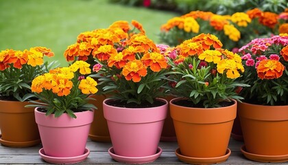 Fototapeta na wymiar Cheerful Orange Tagetes in Pink Flower Pots Illustration