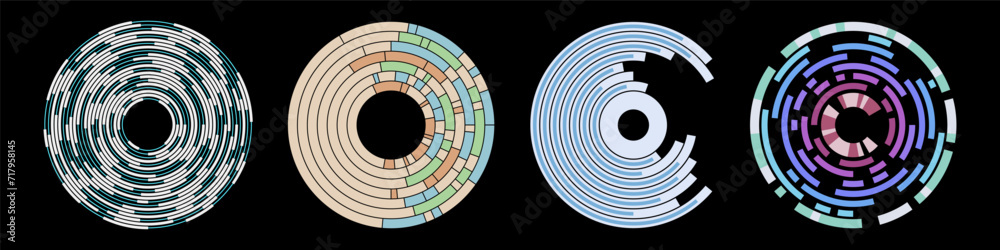 Wall mural set of four abstract circle technology backgrounds. infographic templates with color stripes. circul