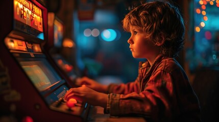 Little boy playing a slot machine. Child playing video game.
