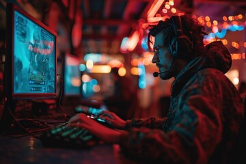 Young male gamer playing online video games on computer at night club.
