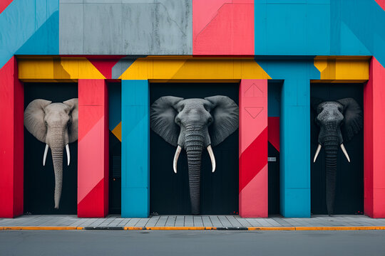  A vibrant and colorful image of a building facade with a geometric design and three large murals of elephant heads. The image showcases the creativity and artistic expression of urban art and street 