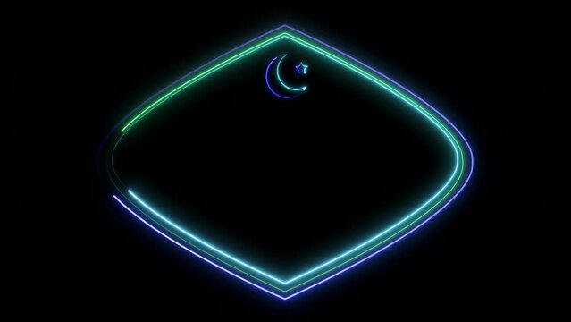 Neon glowing Ramadan Kareem Frame Template with Crescent Star isolated on black background Glowing Crescent Moon and Star Inside Ornamental Banner Background Eid Mubarak Card or Banner Design Template