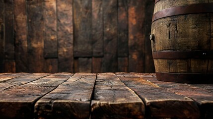 Worn wooden wine barrel background. Old wooden barrel table in soft ambient light. Weathered barrel wood. - obrazy, fototapety, plakaty