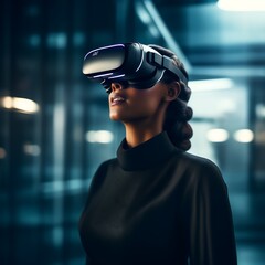 A girl wearing futuristic VR glass