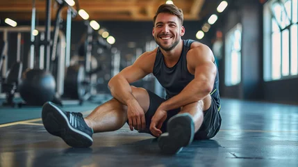 Tuinposter Fitness Smile, Young Sportsman Relaxing After Gym Training © Jiraphiphat
