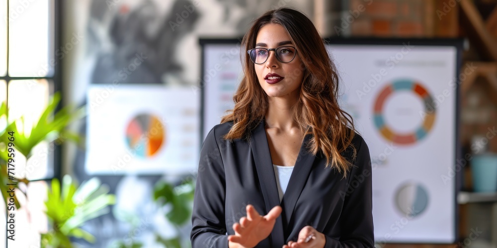 Wall mural an attractive young businesswoman is giving a presentation in an office room