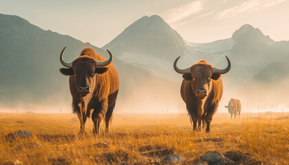 two buffalos in the distance on grasslands between the mountains and the river,Clash of colors background