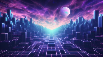 Vibrant retro wave geometric background - futuristic sci-fi art, virtual reality aesthetics. Neural network generated illustration, abstract concept.