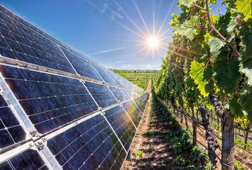 A solar panel is placed in a field of greenery, with a row of grapevines to its right. The sky is...