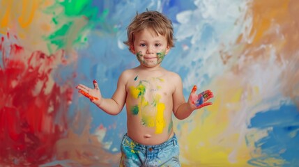 A child boy stands against a cracked wall, the boy&rsquo;s hands and body are painted in bright paint.