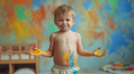 A child boy stands against a cracked wall, the boy&rsquo;s hands and body are painted in bright paint.