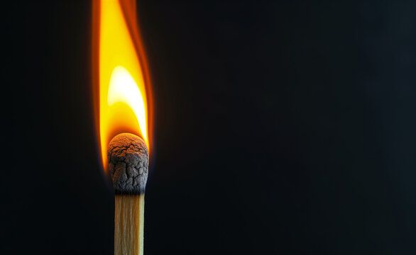 Burning flames on a match close-up on a black background