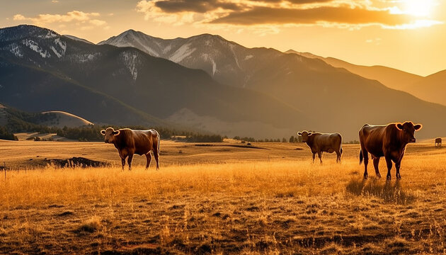 Alpine cattle stand on the prairie, with mountains in the distance, silhouette