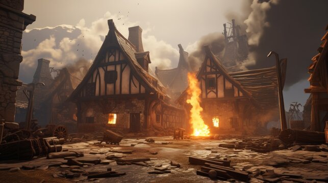 medieval small village on fire