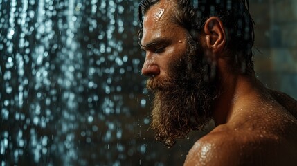 A handsome man with an athletic build and a beard takes a shower after training. - obrazy, fototapety, plakaty