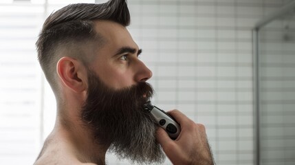 A handsome man looks in the mirror and trims his own beard in the bathroom. Banner for advertising beard trimmers, rules for beard care. - obrazy, fototapety, plakaty