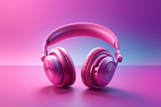 stylish 3d icon of generic wireless headphones on pink purple gradient background design, mixed digital 3d illustration and matte painting 3D rendering design.