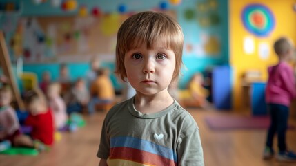 A small child stands against the background of a room with children. The concept of classes in kindergarten, preschool development groups or  adoption of orphans from shelters.