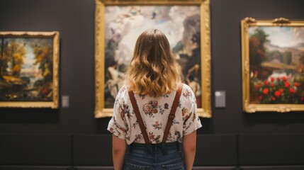 A girl stands in an art gallery and looks at paintings.