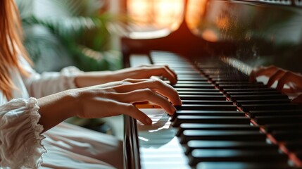 Women's fingers play the piano. Concept for individual piano lessons or events with live music.