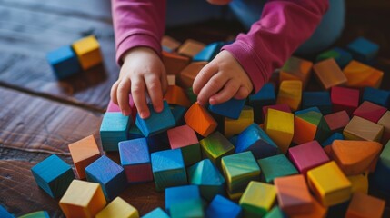 Child's hands against a background of multi-colored cubes. The child plays by collecting cubes of...