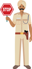 Standing Indian Policeman Officer with Warning Sign Stop in Turban and Traditional Uniform Character Icon in Flat Style. Vector Illustration.