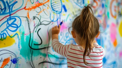 A little girl paints the wall with colored pencils. Wall in children's scribbles. Banner for...