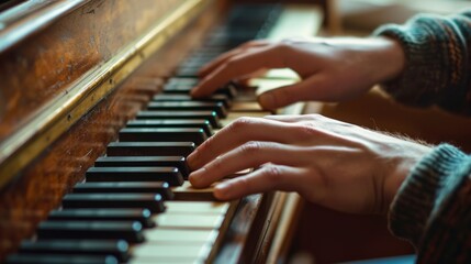 Fototapeta premium Male hands play the piano keys. Banner for live music concerts.