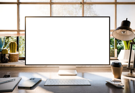 Computer all-in-one with a blank screen front in industrial loft green ecological office interior. 3d render