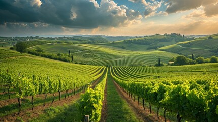 Beautiful landscape with green vineyard fields.