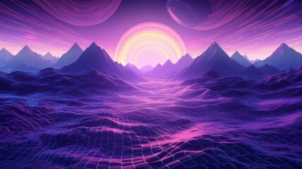 Vibrant retro wave geometric background - futuristic sci-fi art, virtual reality aesthetics. Neural network generated illustration, abstract concept.