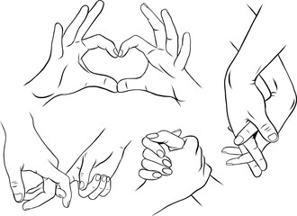 Simple vector hands, line art, love, couple hands, man's hand holds a woman's hand, hand drawn, heart shape hands