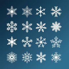 Set of shape white snowflakes on blue background. Vector isolated icons. Winter stars and Christmas decoration