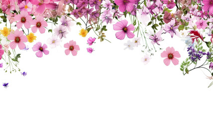 A pure white background with a floral background adorned with a hanging border. 