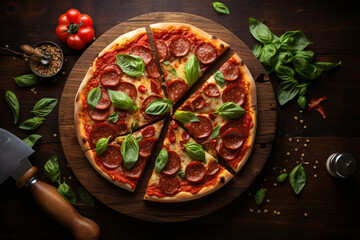 pizza on wooden serving board, in the style of light red and dark aquamarine, black background, photo-realistic landscapes, polished, beige, romanesque, soft-focus