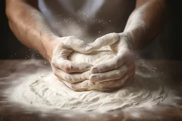 Foto op Plexiglas person making a dough, in the style of matte background, nostalgic mood, human connection, graceful curves, lightbox © Possibility Pages
