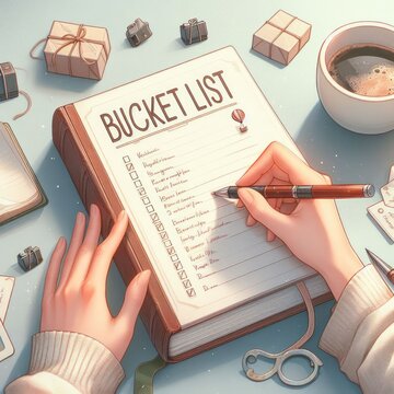 An illustration of hands writing a bucket list surrounded by gifts and coffee.
