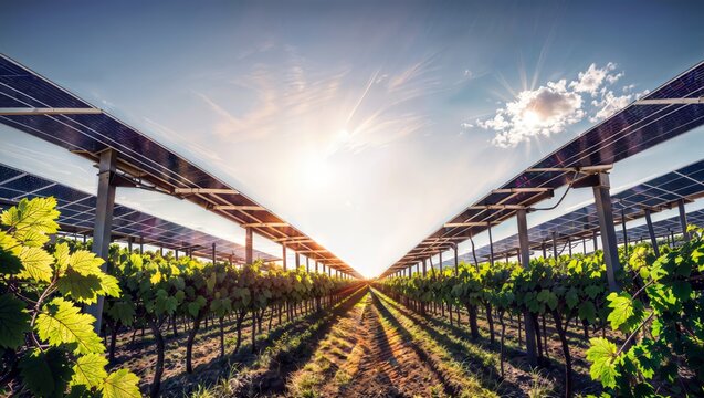 A solar panel farm is situated between rows of grapevines. The sun is shining brightly in the sky.