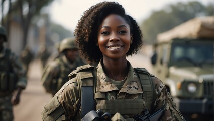 Happy young black african female soldier in camouflage uniform returning home from duty in army deployment from Generative AI - obrazy, fototapety, plakaty