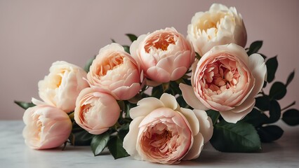 Pink roses and peony on light pastel background. Beautiful flowers wallpaper or greeting card with space from Generative AI