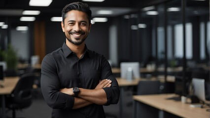 Fototapeta na wymiar Portrait of a confident professional on black shirt in office environment background smiling at camera from Generative AI