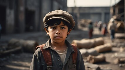 Portrait of a mexican child as a child laborer on a factory background from Generative AI
