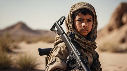 Portrait of an arab child soldier on camouflage uniform and desert background from Generative AI - obrazy, fototapety, plakaty