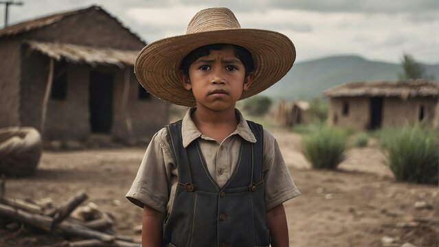 Portrait of a mexican child as a farmer on poor village background from Generative AI