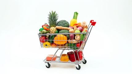 A grocery cart and a shopping background isolated on a white background