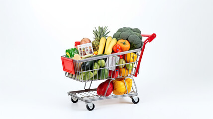 A grocery cart and a shopping background isolated on a white background