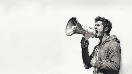 A Sketch of a Young Adult Man Shouting Into a Megaphone With Copy Space