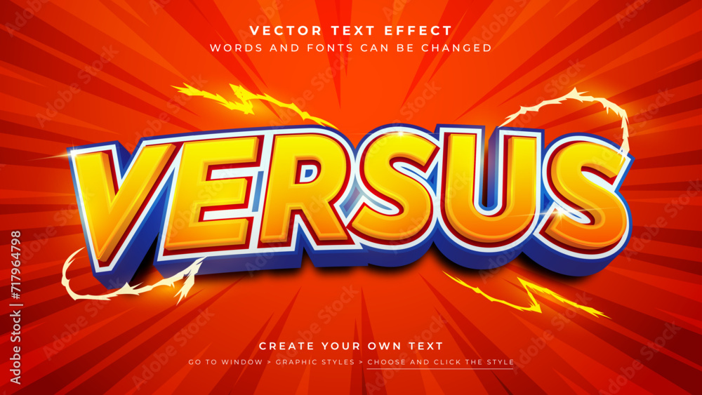 Fototapete vector editable 3d lightning orange blue text effect. versus action graphic style on gradient red ba
