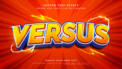 Vector Editable 3D lightning  orange blue text effect. Versus action graphic style on gradient red background